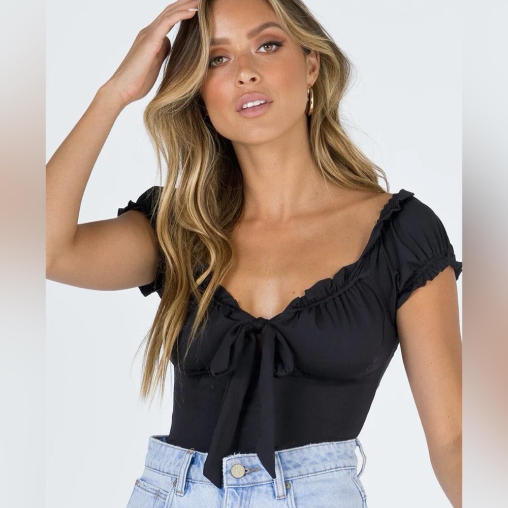 Princess Polly Shirt Womens 8 Black Off Shoulder Bodysuit Sweetheart Tie-Front - Picture 2 of 8